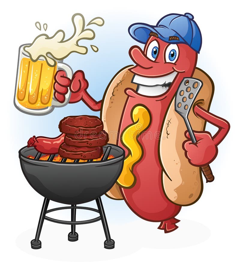 Hot Dog Cartoon Tailgating with Beer and BBQ Cartoon Character Stock