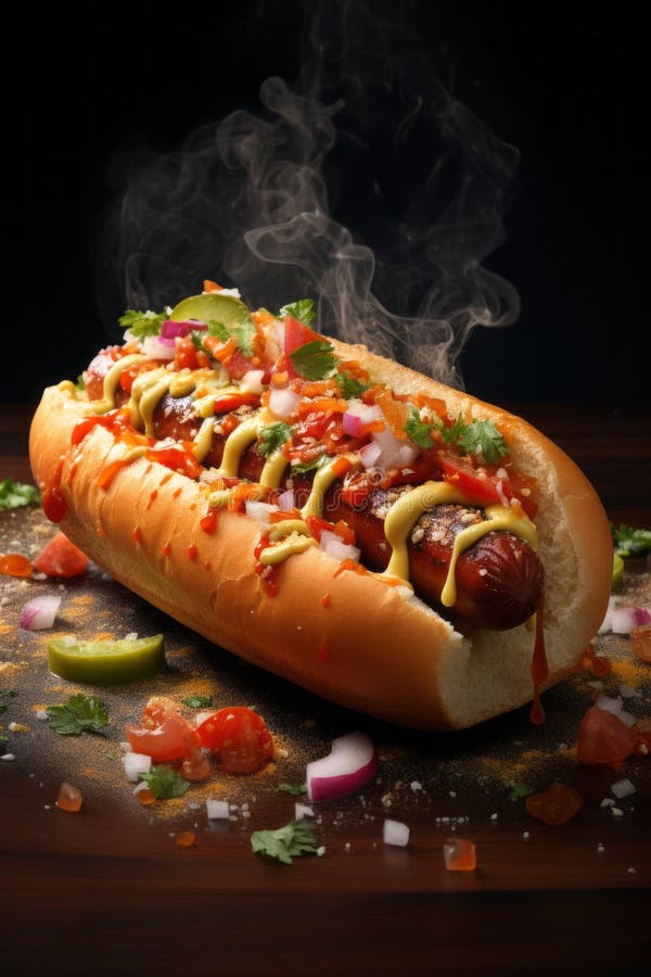 Hot dog está coronado con jugosas lonchas de tomate, pimientos calientes y mostaza de zesty. el fondo oscuro mejora los colores vi libre illustration