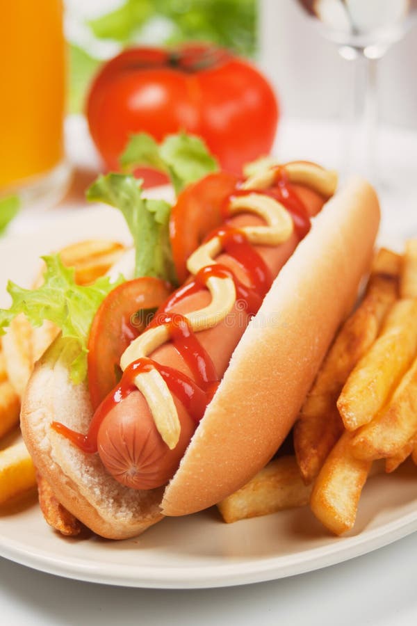 Hot dog with french fries stock images Hot dog with french fries stock images