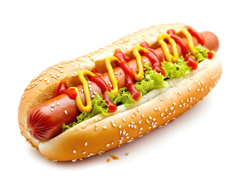Hot dog with ketchup and mustard, isolated on white background royalty free illustration