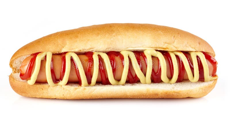 Hot dog with ketchup and mustard on white background