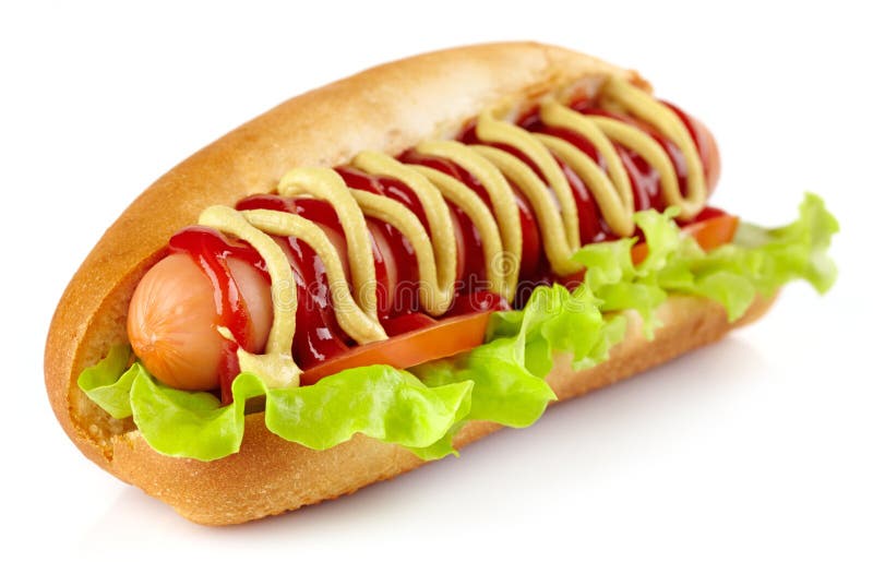 Hot dog with lettuce and tomato on white background