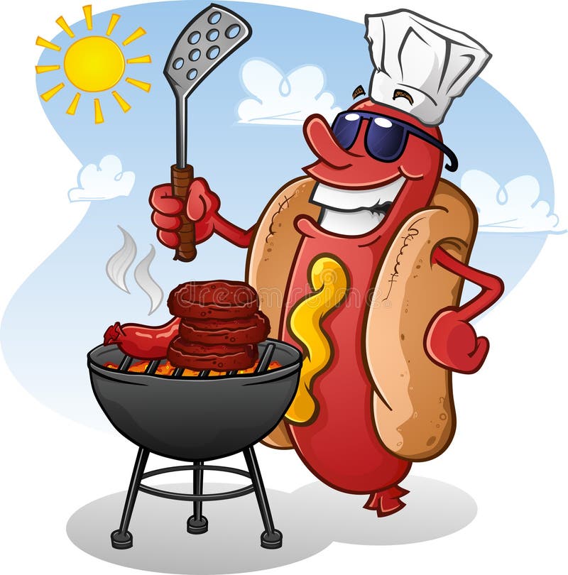 Hot Dog postać z kreskówki Piec na grillu Na Pogodnym letnim dniu Z okularami przeciwsłonecznymi royalty ilustracja Hot Dog postać z kreskówki Piec na grillu Na Pogodnym letnim dniu Z okularami przeciwsłonecznymi royalty ilustracja