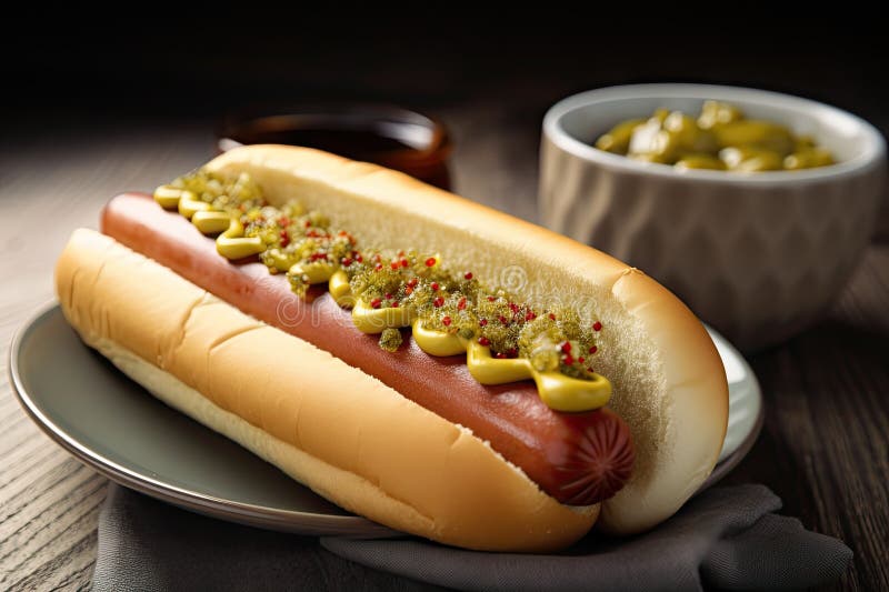 Hot Dog with Relish and Mustard on Plate Stock Illustration