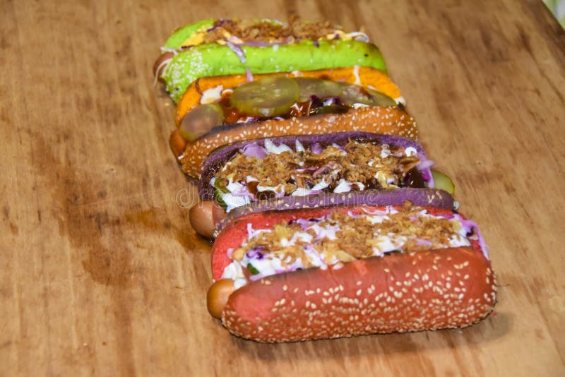 Hot Dogs Assorted Multi-colored Buns Different Toppings Stock Image ...