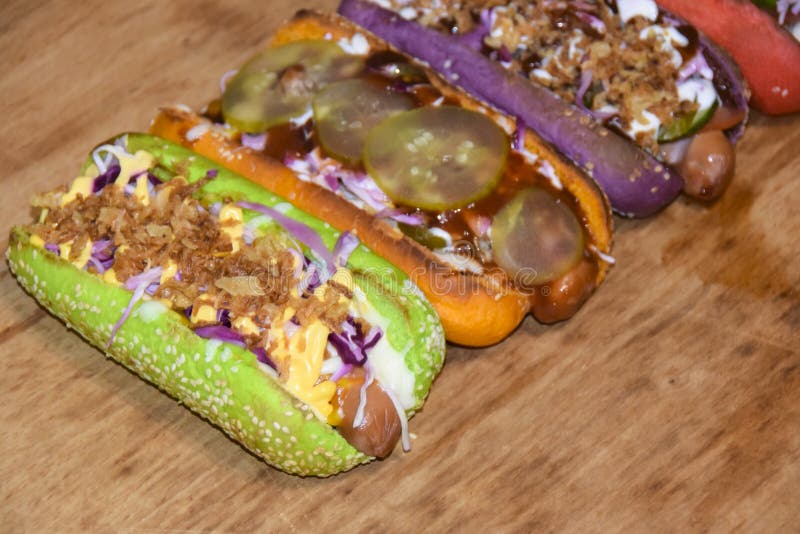 Hot Dogs Assorted Multi-colored Buns Different Toppings Stock Photo ...