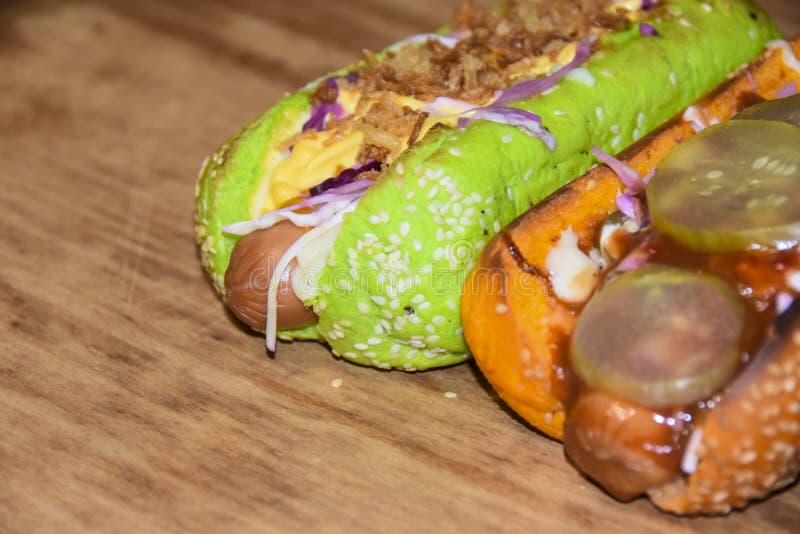 Hot Dogs Assorted Multi-colored Buns Different Toppings Stock Image ...