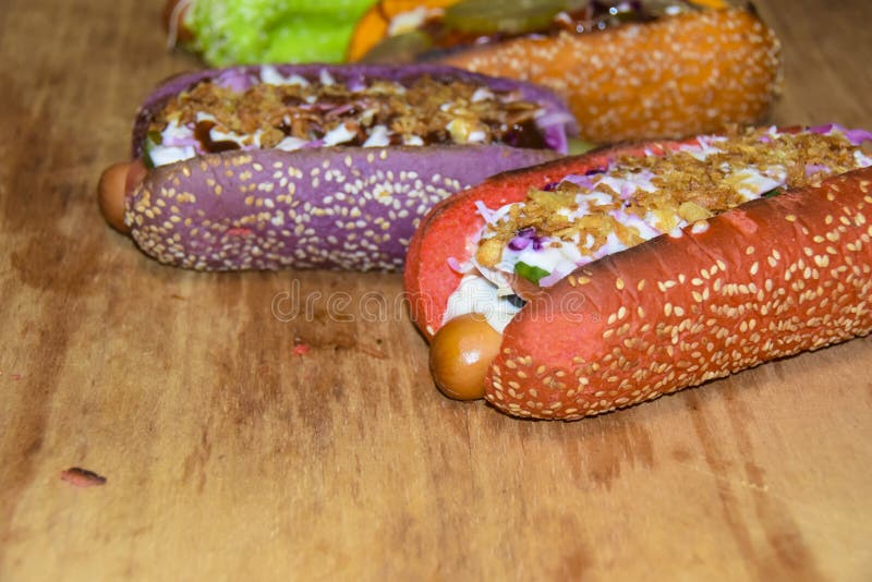 Hot Dogs Assorted Multi-colored Buns Different Toppings Stock Image ...