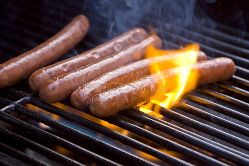 Hot Dogs on Grill stock photo. Image of charred, pork - 9857638