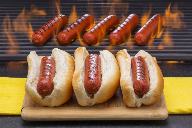 Hot Dogs Grilled in Buns and on Barbecue Grill
