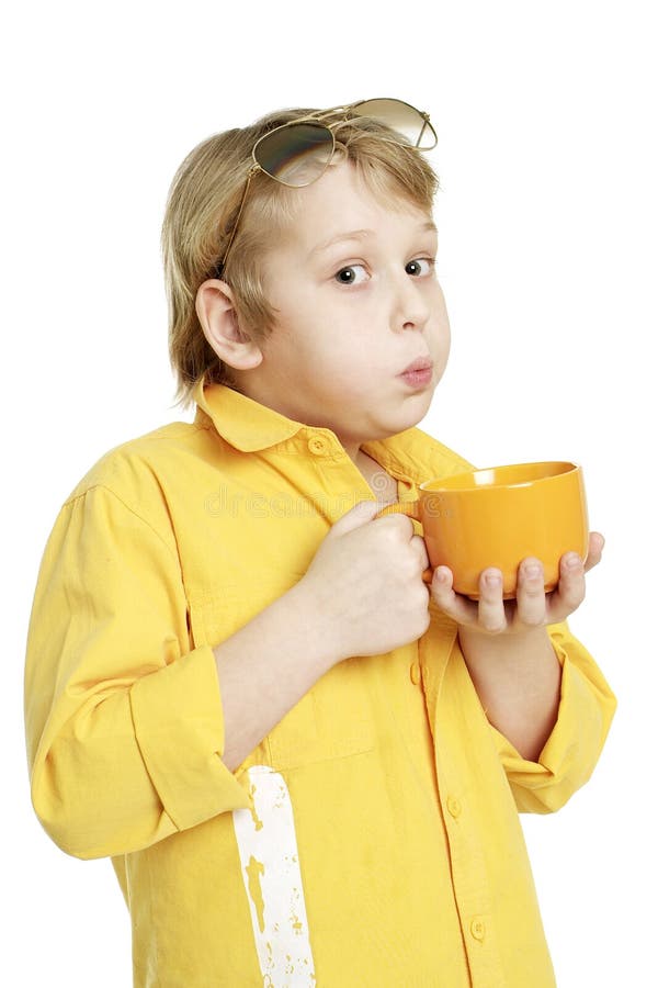 Funny Boy Drink from Yellow Cup Stock Image Image of large, portrait 18911775