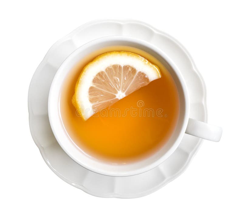 Hot earl grey tea with lemon slice top view isolated on white ba