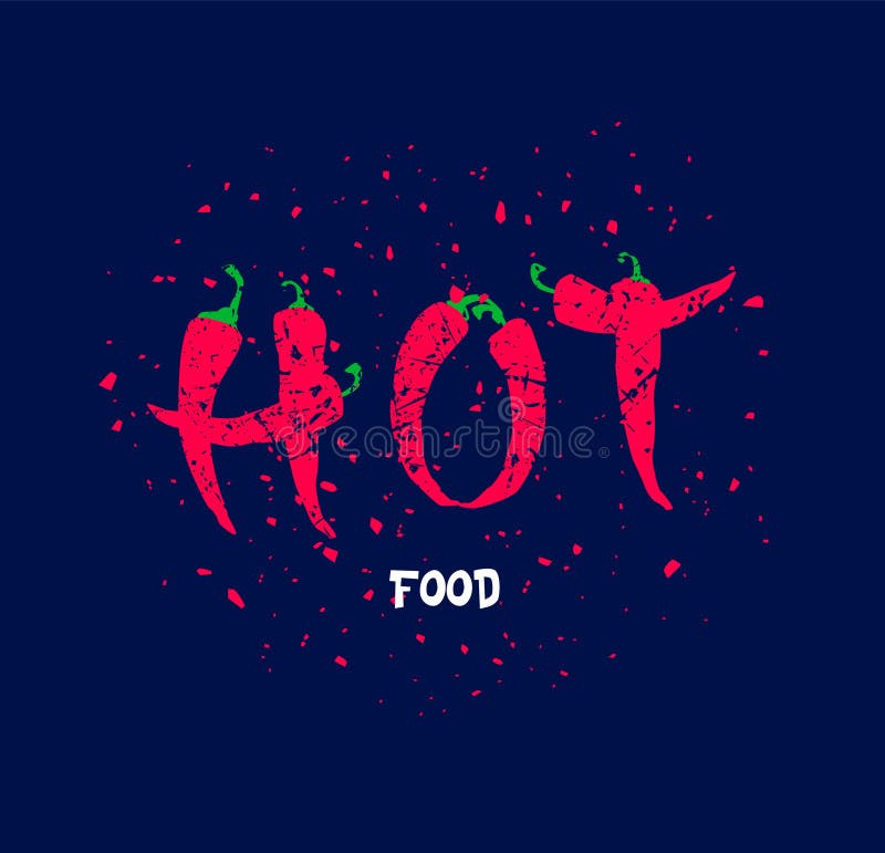 Hot Food Banner with Text and Red Peppers on Dark Background. Flat