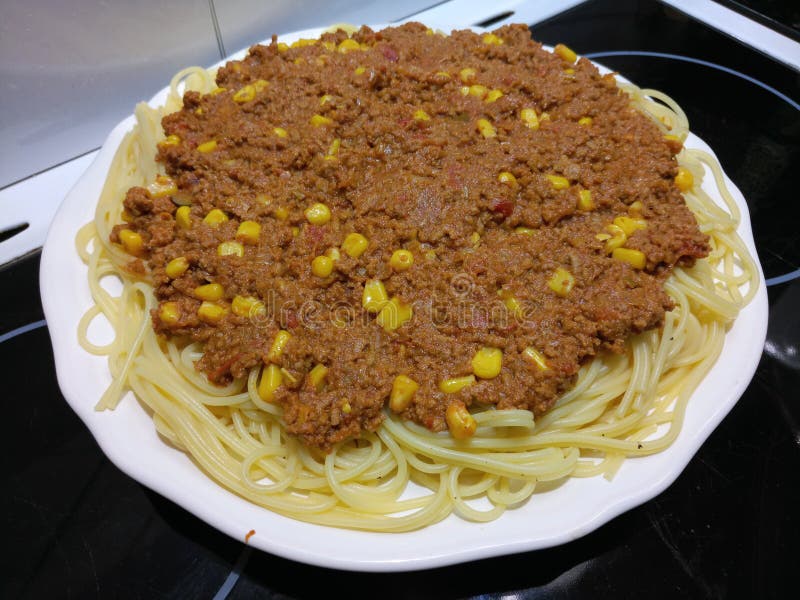 Hot and Freshly Cooked Lamb Mince on Spaghetti Stock Photo Image of