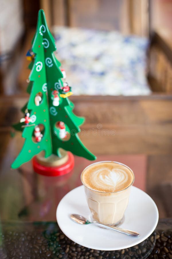 Hot Latte Coffee and Christmas Tree on Wooden Table Stock Photo Image