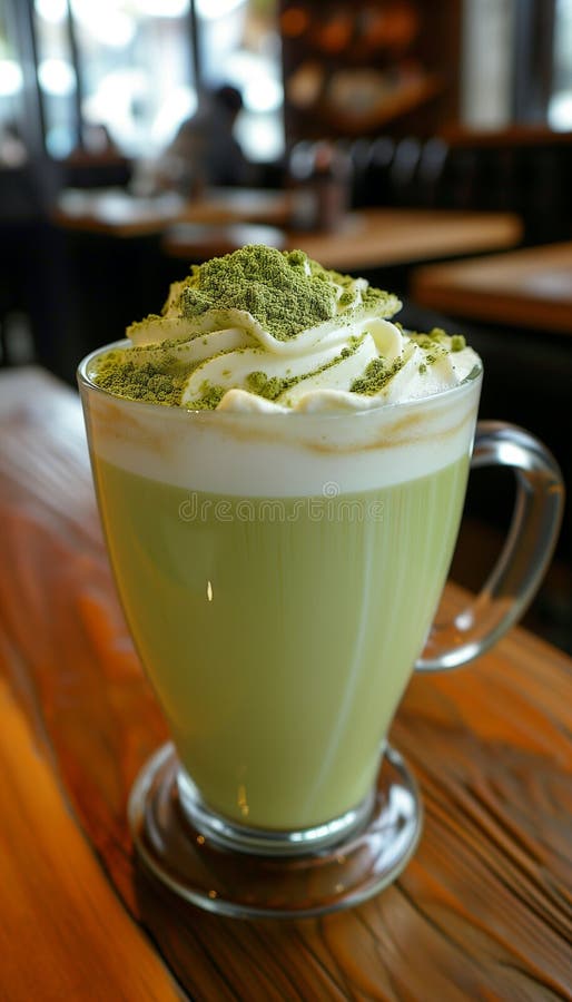 Matcha Hot Latte Coffee with Matcha Powder and Whipped Cream. AI