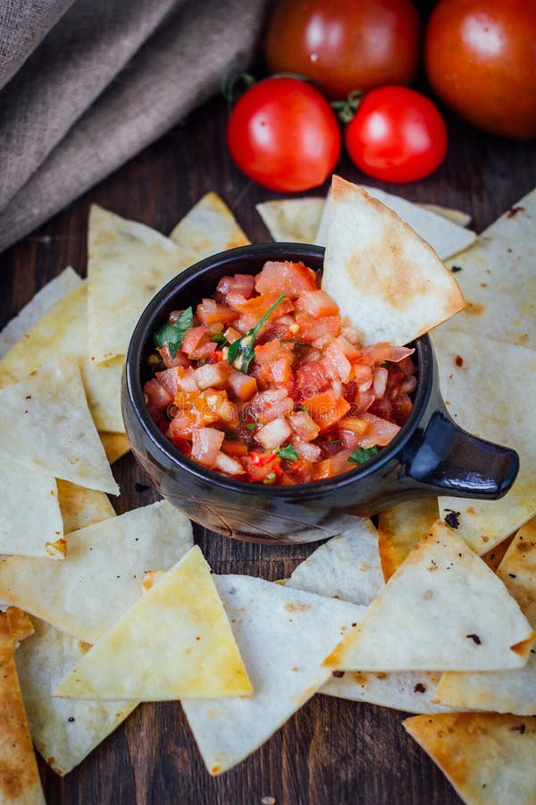 Hot Mexican Salsa - Spicy Dip with Nachos - Chips from Corn Stock Photo ...