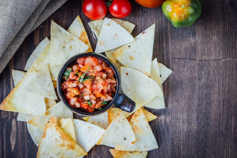 Hot Mexican Salsa - Spicy Dip with Nachos - Chips from Corn Stock Photo ...