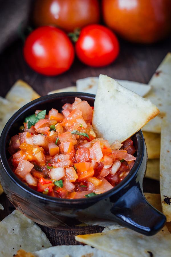 Hot Mexican Salsa - Spicy Dip with Nachos - Chips from Corn Stock Image ...