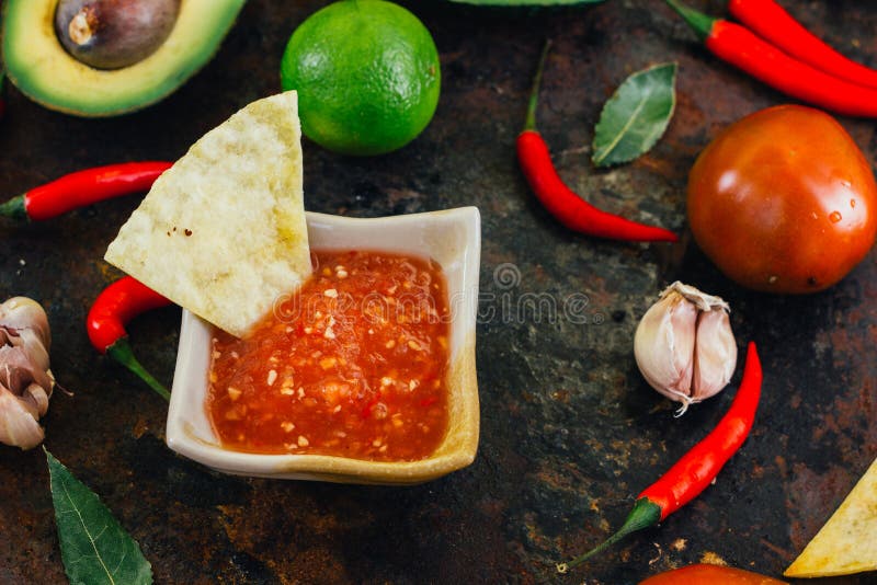 Hot Mexican Salsa Whith the Nacho Chips Surrounded by Ingredients ...