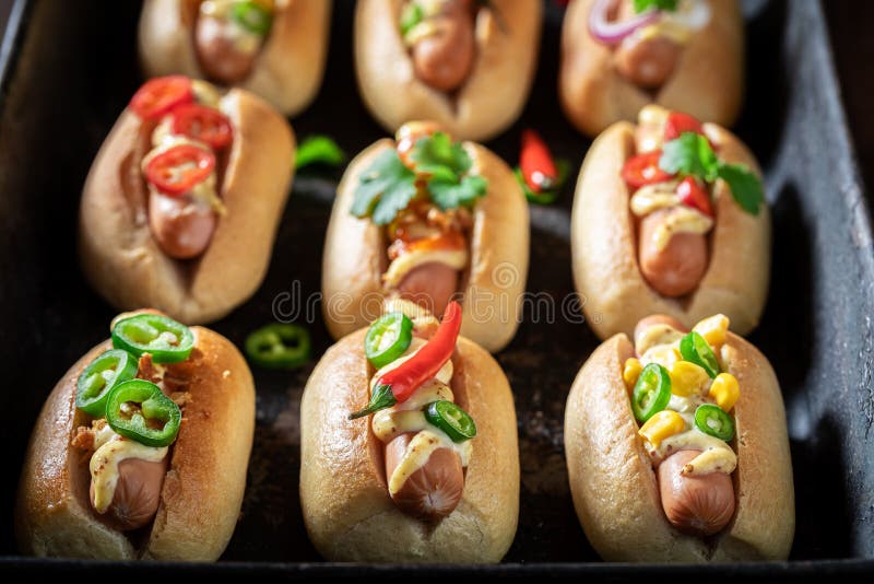 Hot Mini Hot Dogs with Pork Sausage and Sauce Stock Image Image of