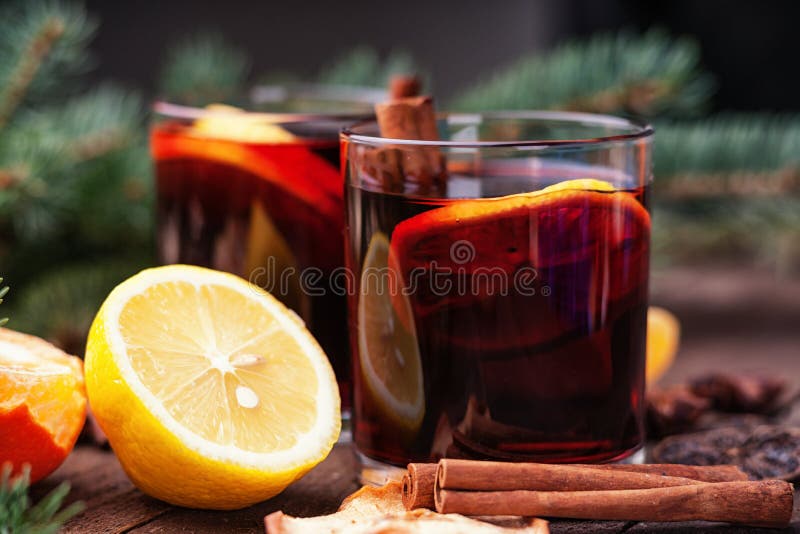 Hot mulled wine with spices and lemon