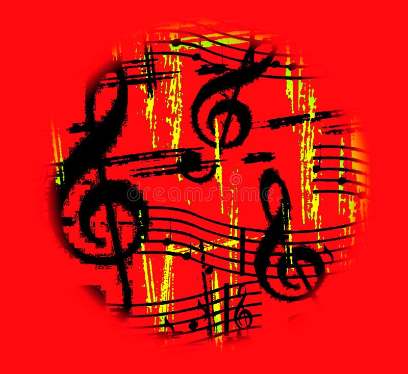 Hot musical theme with black grunge style music symbols in a bright orange circular vignette. Hot musical theme with black grunge style music symbols in a bright orange circular vignette