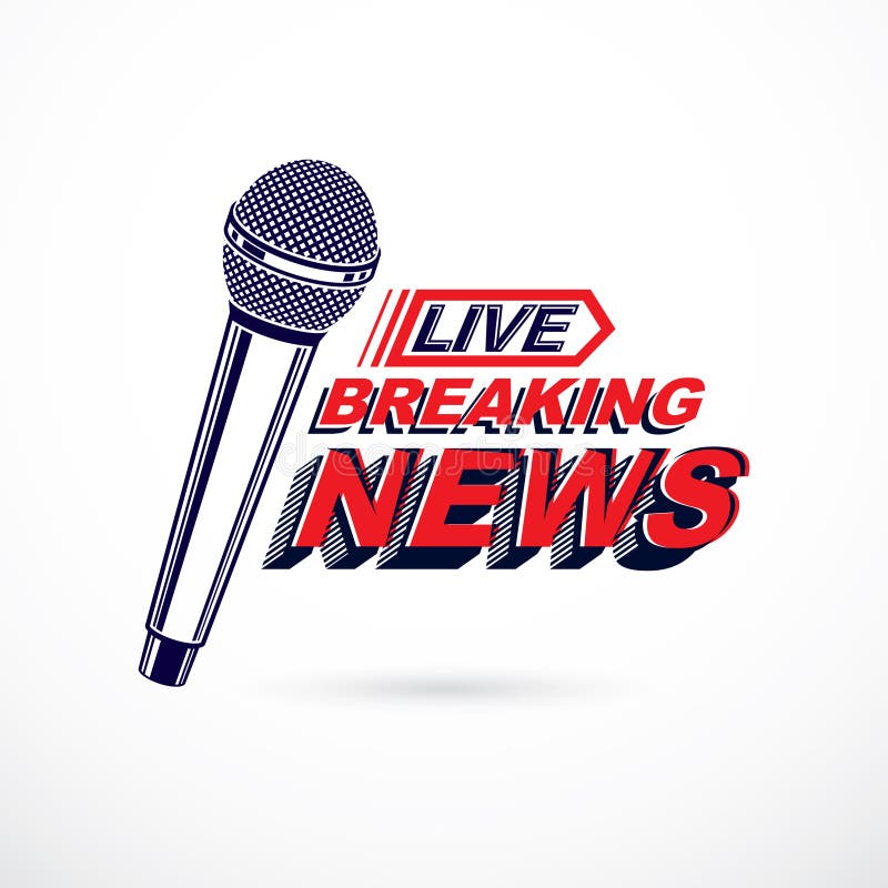 Hot news conceptual logo composed using breaking live news writing and press microphones. Global broadcasting theme illustration