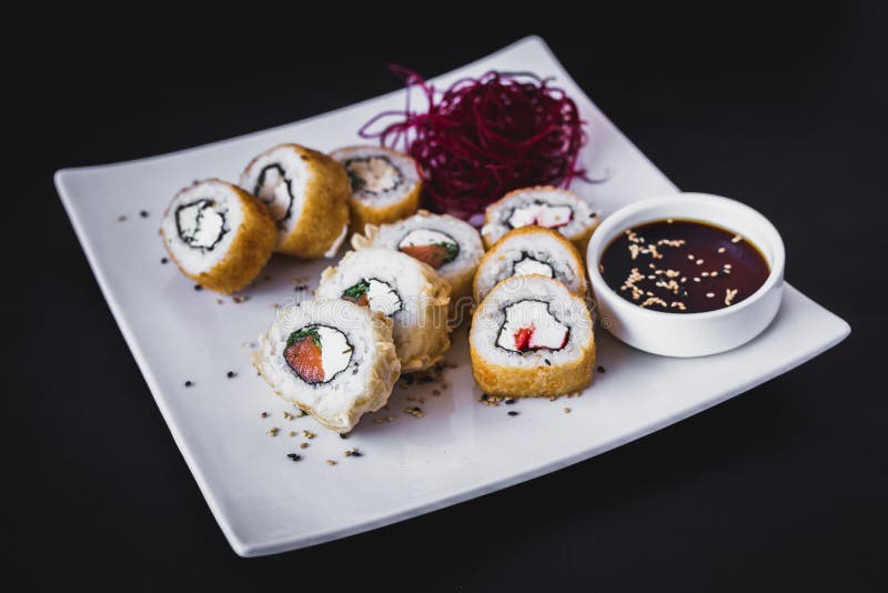 Hot panko sushi roll with soy sauce and sesame royalty free stock photos Hot panko sushi roll with soy sauce and sesame royalty free stock photos