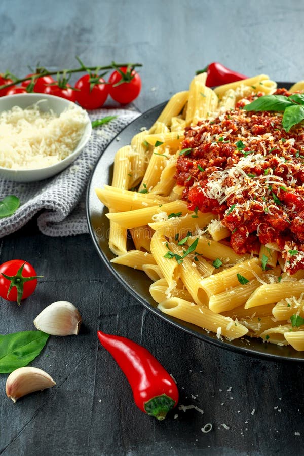 Hot Penne Pasta Bolognese with Parmesan Cheese, Basil, Garlic, Tomatoes ...