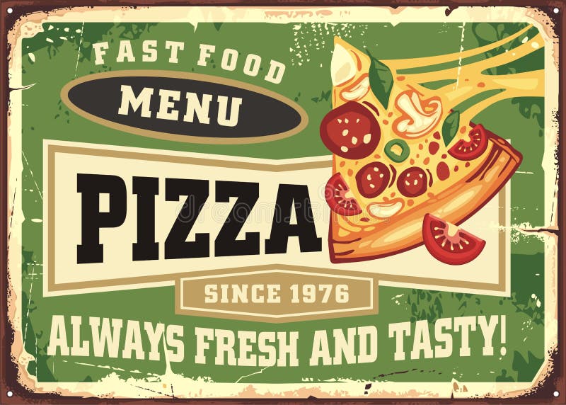 Hot pizza slice retro ad design stock abbildung