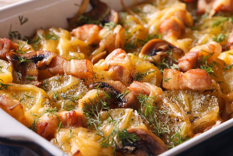 Hot Potato with Bacon, Mushrooms and Cheese in Baking Dish Stock Image