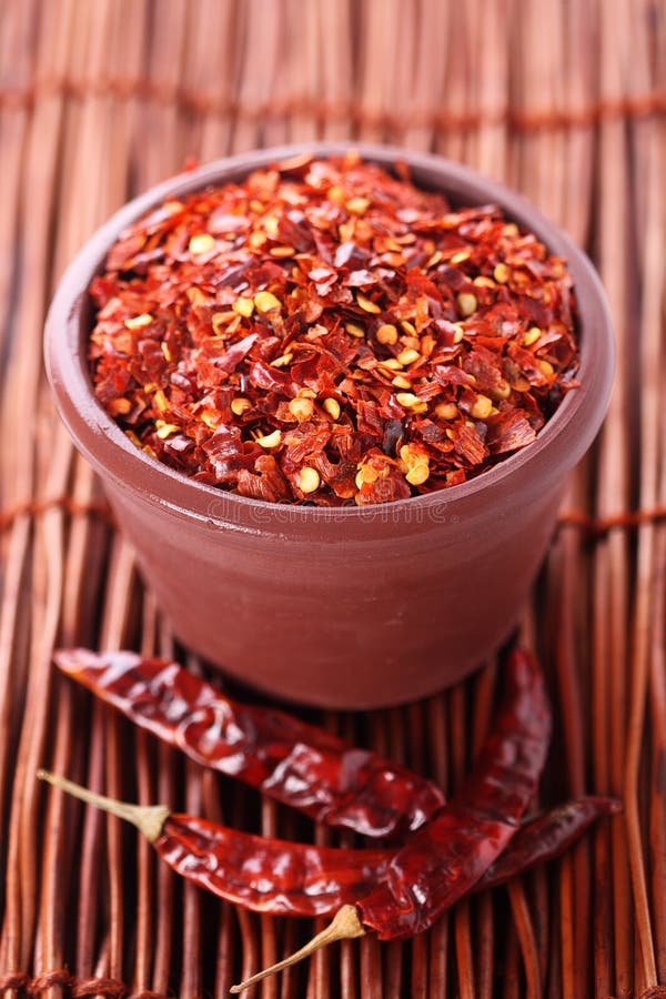 Hot Red Chilli Chillies crushed pepper in pot