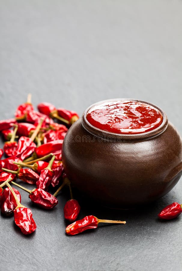 Hot Sauce from Chilli Peppers and Tomatoes Isolated on White Stock