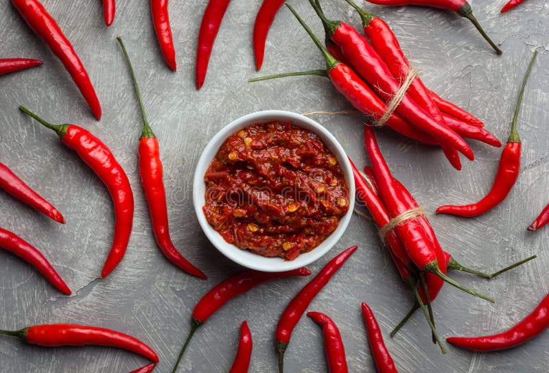Hot Sauce Made of Red Chili Peppers. Top View Stock Photo Image of