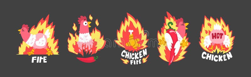 Hot SpicChicken mit Feuer als Gitter und Roastaufkleber Vector Set lizenzfreie abbildung