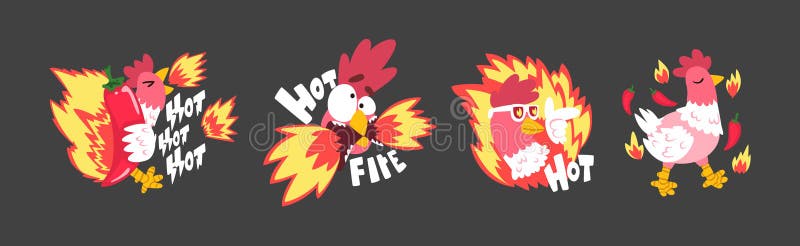 Hot SpicChicken mit Feuer als Gitter und Roastaufkleber Vector Set lizenzfreie abbildung