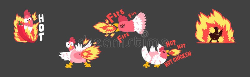 Hot SpicChicken mit Feuer als Gitter und Roastaufkleber Vector Set vektor abbildung