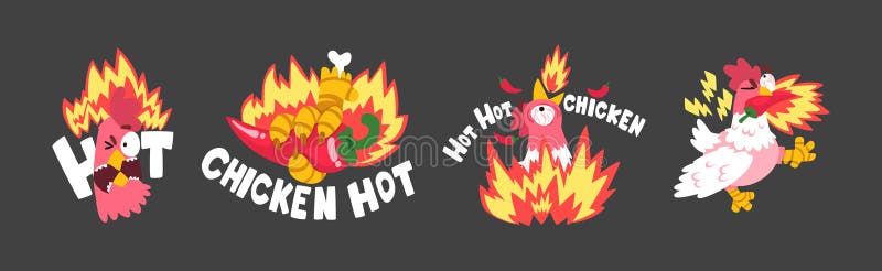 Hot SpicChicken mit Feuer als Gitter und Roastaufkleber Vector Set stock abbildung