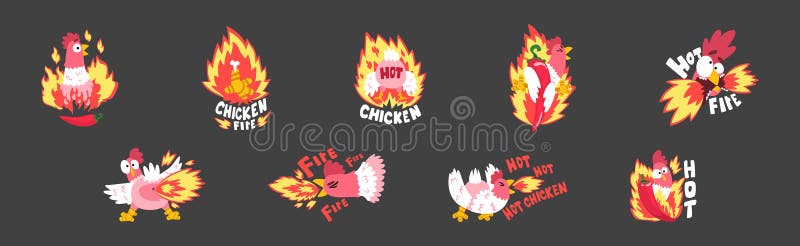 Hot SpicChicken mit Feuer als Gitter und Roastaufkleber Vector Set stock abbildung