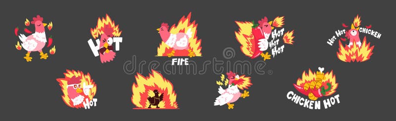 Hot SpicChicken mit Feuer als Gitter und Roastaufkleber Vector Set lizenzfreie abbildung