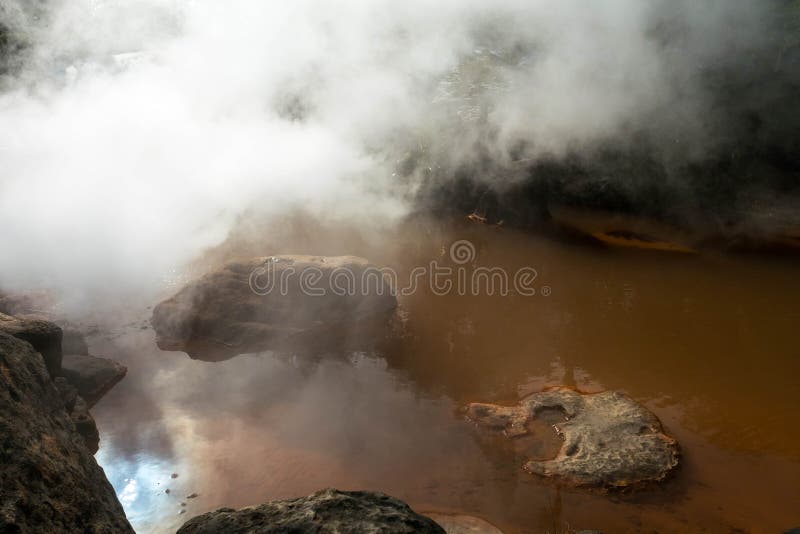 Hot spring water, red pond in Umi Jigoku at Beppu, Oita-shi, Kyushu, Japan