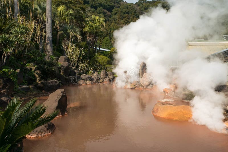 Hot spring water, red pond in Umi Jigoku at Beppu, Oita-shi, Kyushu, Japan