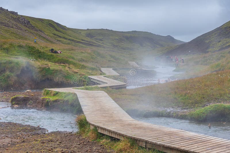 Reykjadalur Valley with Hot Springs River and Pool with Lush Green