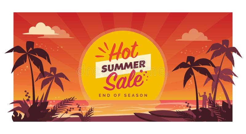 Hot summer sale promotional banner with tropical beach