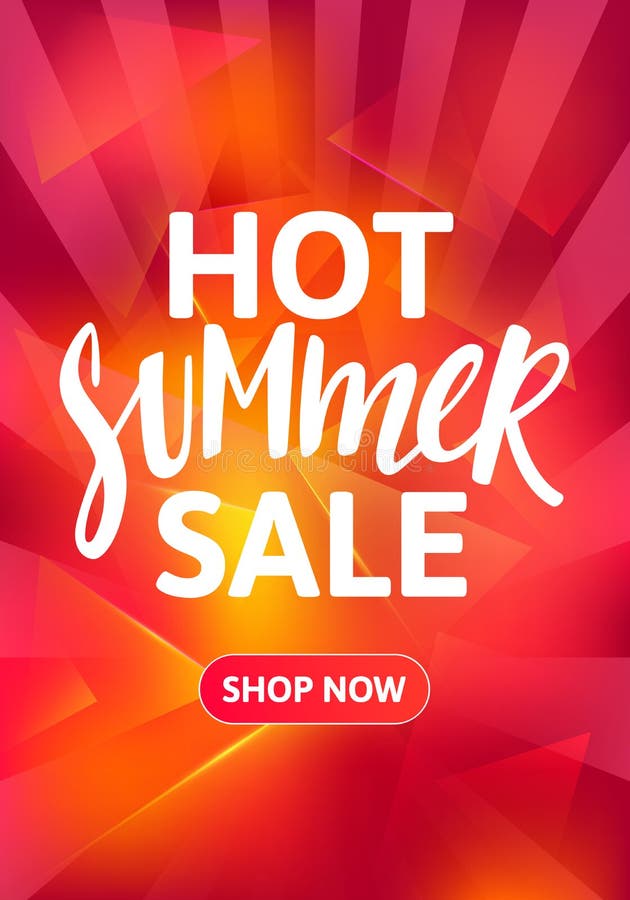 Hot Summer Sale Vertical Banner Design. Hand Drawn Text on Bright Colorful Background. Vector Advertising Illustration