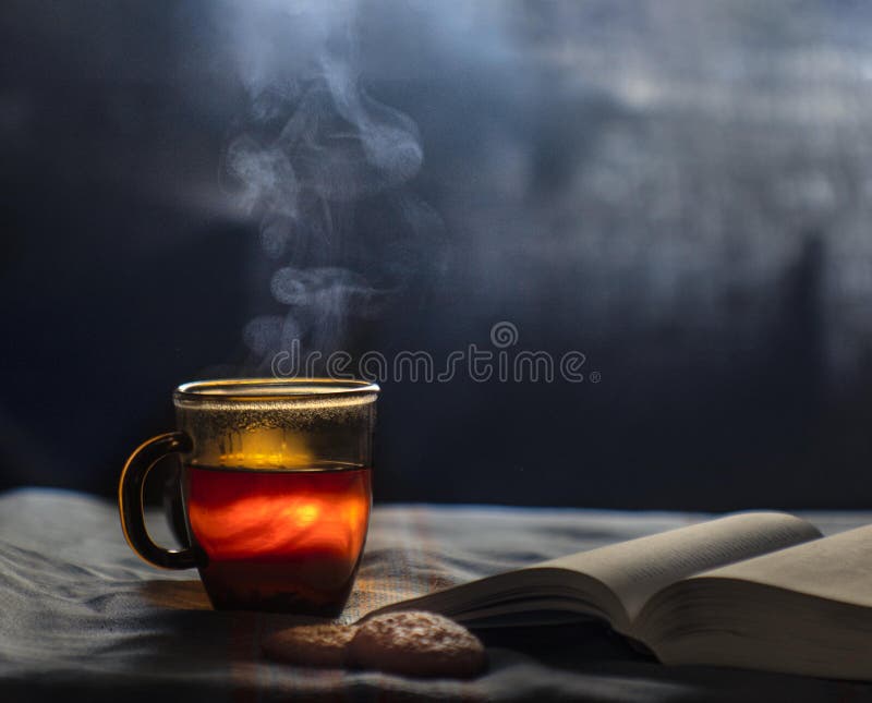 Hot Tea in a Glass Cup with a Book and Biscuits Stock Photo Image of
