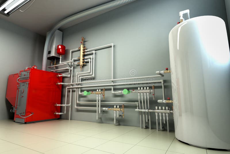 Hot Water Boiler Boiler Room with a Heating System 3d Render Stock