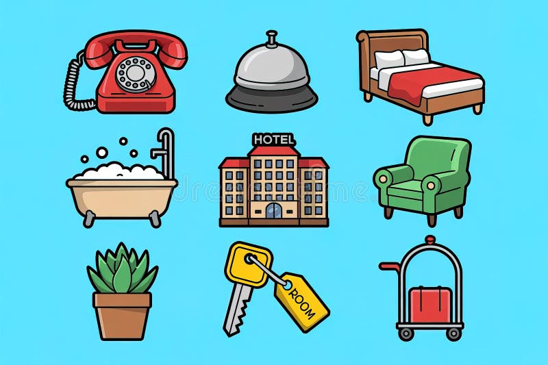 Hotel Amenities Ikony Set Retro Phone Room Key Bed Plant and Cart on Blue ilustracja wektor