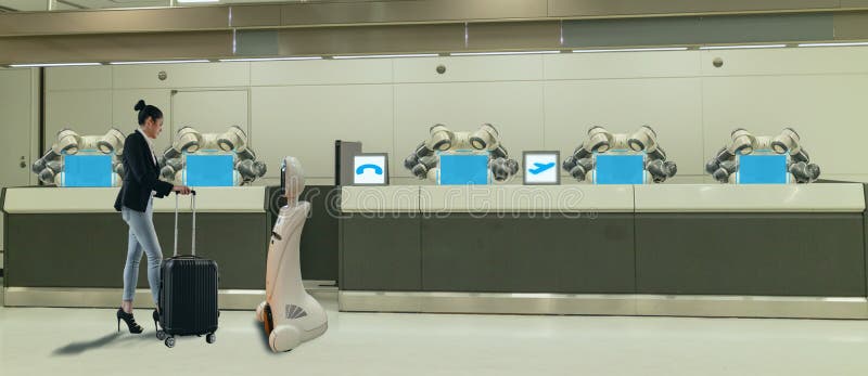 Hotel astuto nell'industria 4 di ospitalità 0 concetti, l'assistente del robot del robot del receptionist in ingresso dell'hotel